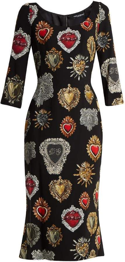 Dolce Gabbana Sacred Heart Print Scoop Neck Stretch Cady Dress