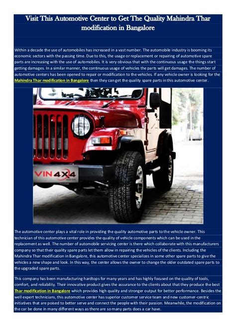 Visit this automotive center to get the quality mahindra thar