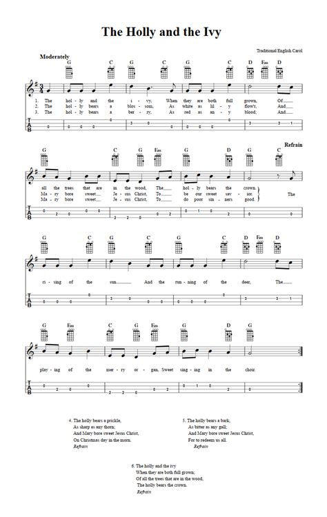 The Holly And The Ivy Easy Baritone Ukulele Sheet Music And Tab With