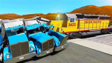 Train Crashes Into Row Of Trucks Beamng Drive Realistic Crashes Youtube