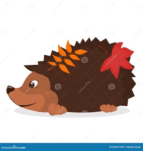 Vector Illustration Of A Funny Hedgehog With Autumn Leaves On It