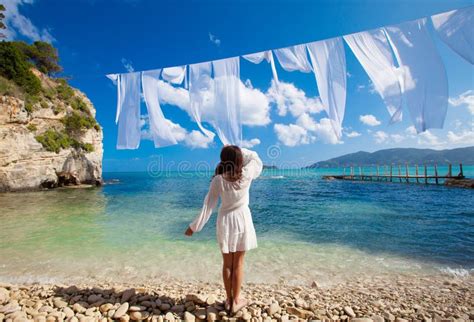 Woman In White Dress Standing On Beach Stock Image Image Of Adult Romantic 54788085