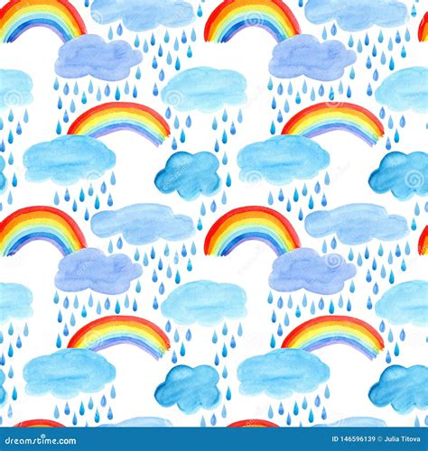 Seamless Pattern Of A Rainbowrain Drops And Clouds Stock Illustration