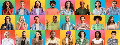Mosaic Of Cool Multiracial People Sharing Positive Emotions Stock Photo