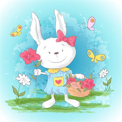 Illustration Postcard Cute Cartoon Bunny With Flowers And