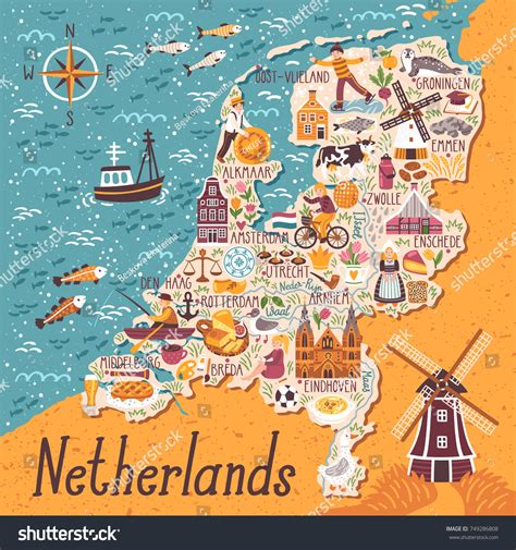 Vector Stylized Map Netherlands Travel Illustration Stock Vector