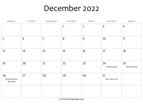 December 2022 Editable Calendar With Holidays