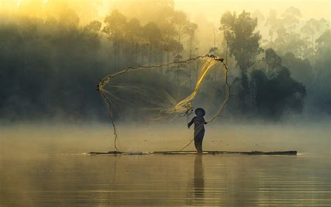 Nature Landscape Sunrise Mist Forest Fisherman Fishing Nets River Trees
