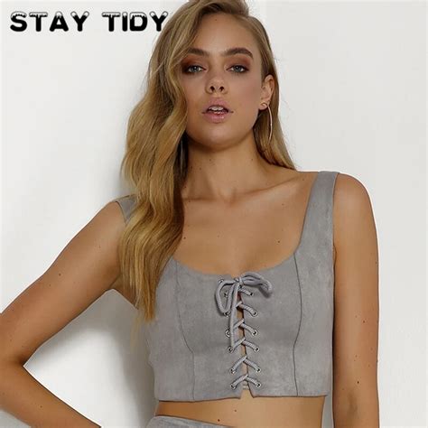 Stay Tidy Vintage Suede Summer Crop Tops 2017 Sexy Lace Up Bandage Slim Cami Camisole Sleeveless