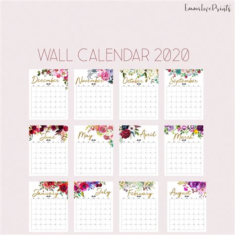 Printable Calendar 2020 Wall Calendar 2020 Desk Calendar Floral