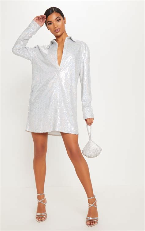 Silver Sequin Shirt Dress Dresses Prettylittlething Ca