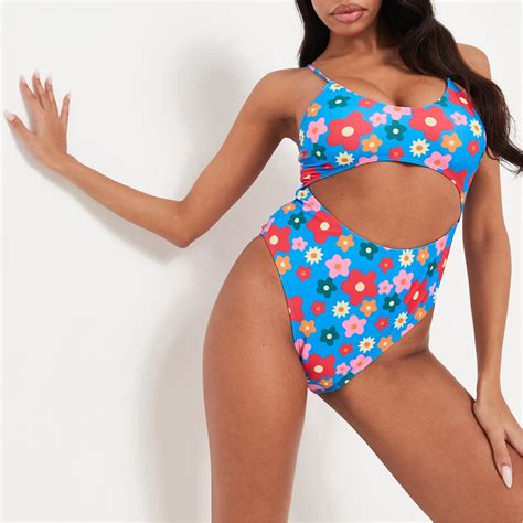 missguided floral print high leg cut out swimsuit blue