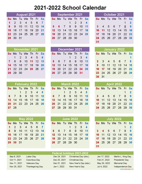 2021 And 2022 School Calendar Printable Portrait Template Noscl22a29