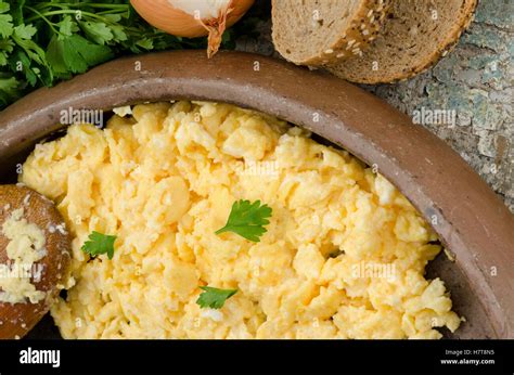 Scrambled Eggs And Bread Stock Photo Alamy