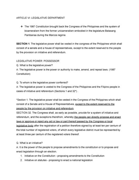 Article Vi Study Notes Article Vi Legislative Department The 1987