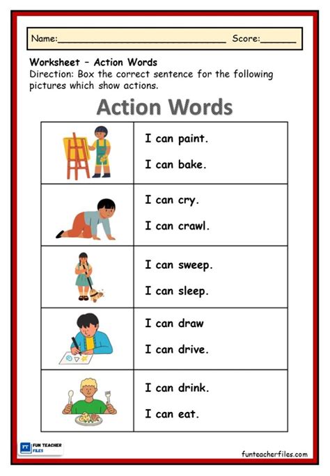 Action Word Worksheets Fun Teacher Files
