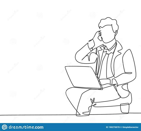 Single Continuous Line Drawing Of Young Manager Sitting And Typing On