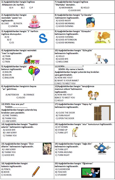 4 sınıf ingilizce testi çöz