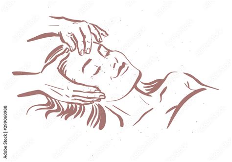 Human Hands Massaging Beautiful Lady Model Laying Hand Drawn Sketch Vector Illustration Face