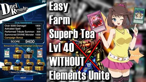 Easy Farm Superb Tea Lv 40 Over 9000 Points Without Elements Unite Yu Gi Oh Duel Links Youtube