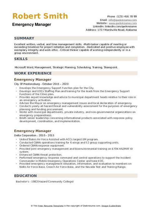 This emergency management planning guide is intended to provide support to public, independent and first nations schools in upholding their responsibilities during an emergency. Emergency Manager Resume Samples | QwikResume