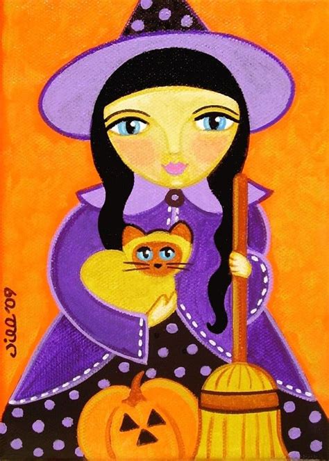 Original Canvas Folk Art Painting Halloween Witch By Thatsmycat 2500