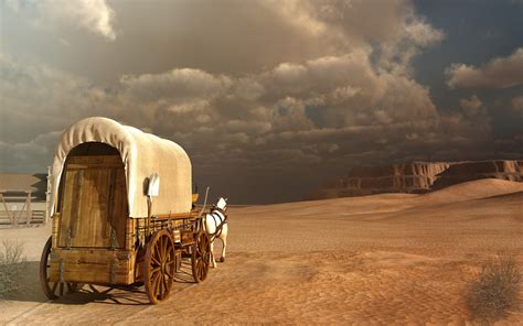 A Pioneers Covered Wagon In The Desert A Painting Tell Your Story