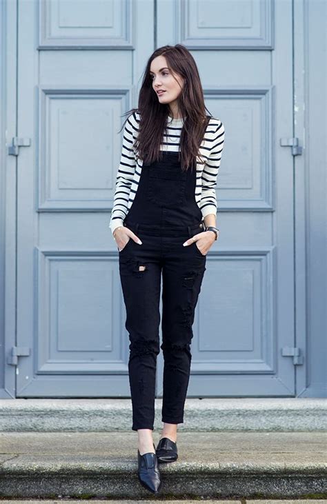 Stripe Top With Black Overall Bmodish Black Overalls Outfit Styling