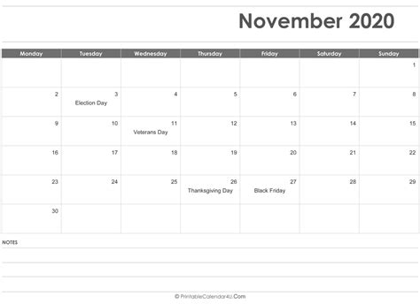 2021 year calendars with 12 months printed on 12 pages, one month on each page. November 2020 Calendar Templates