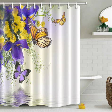Buy Lb Purple Butterfly Yellow Flower White Shower Curtain Bathroom Curtains