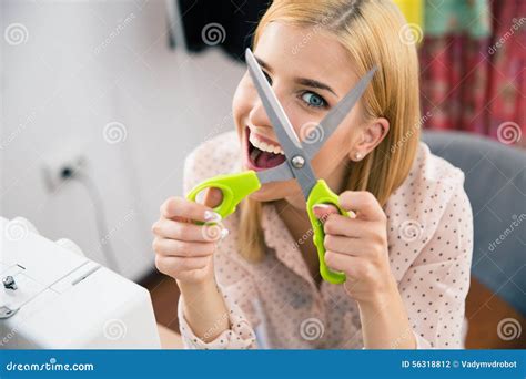 Cheerful Young Woman Holding Scissors Stock Photo Image Of Occupation