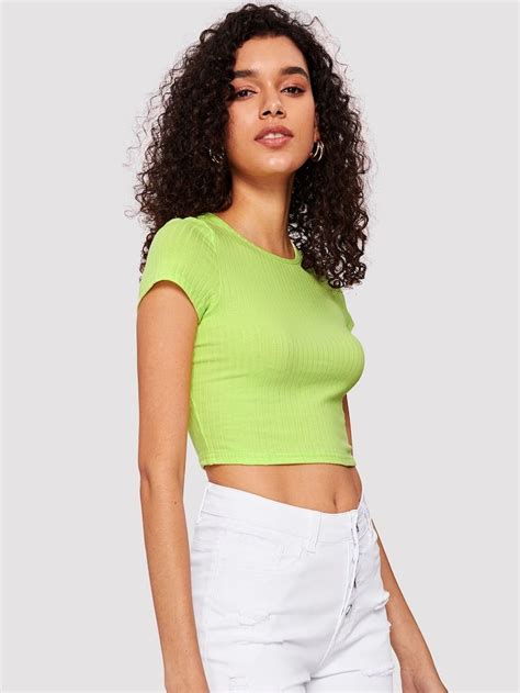 Neon Green Slim Fit Crop Tee Crop Tee Colourful Outfits Glitter Crop Top