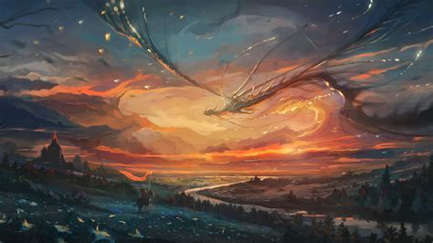 Download Fantasy Warrior Dragon Flight Sunset Art 1366x768