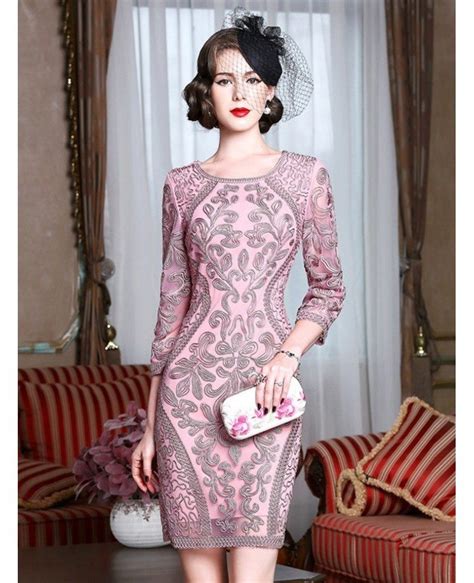 Classy Pink Embroidery Short Wedding Guest Dress 34 Sleeves Dress For
