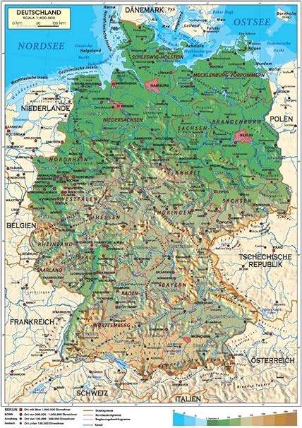 Carta Geografica Murale Germania In Lingua Madre Tedesca 100x140