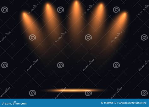 Studio Dark Room Of Orange Stage With Spot Lighting In Black Background