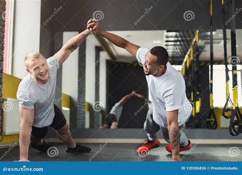 Two Happy Men Fitness Workout Together At Gym Stock Photo Image Of