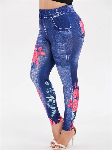 High Waisted Floral Plus Size Leggings Blue Big And Sexy Sportswear