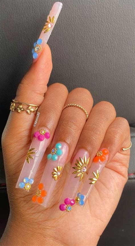 29 Summer Aesthetic Nails Designs 2021 Gold And Colorful Flower Sheer Nails