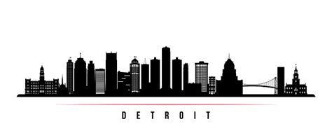 Detroit City Skyline Horizontal Banner Black And White Silhouette Of