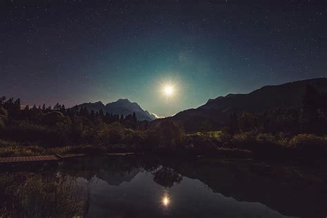 Moonshine Lake Reflection Night Landscape Idyllic Bright Stars