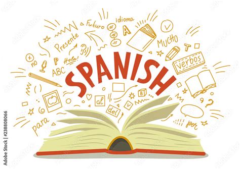 Spanish Open Book With Language Hand Drawn Doodles And Lettering Stock
