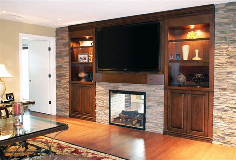Favored Brown Wooden Fireplace Entertainment Center With Stacked Stones