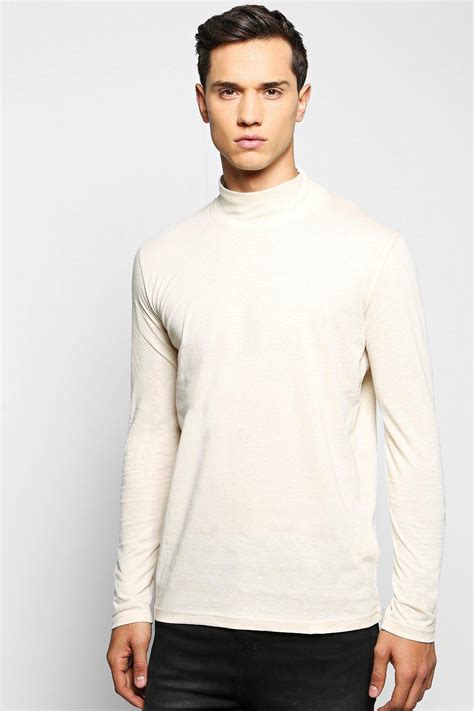 Boohoo Long Sleeve High Neck T Shirt In Natural For Men Lyst