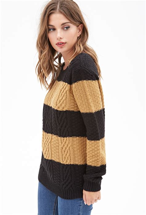 Lyst Forever 21 Cable Knit Striped Sweater In Black