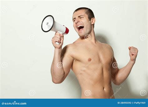 Shirtless Muscular Man Screaming Into Megaphone Stock Photography Image