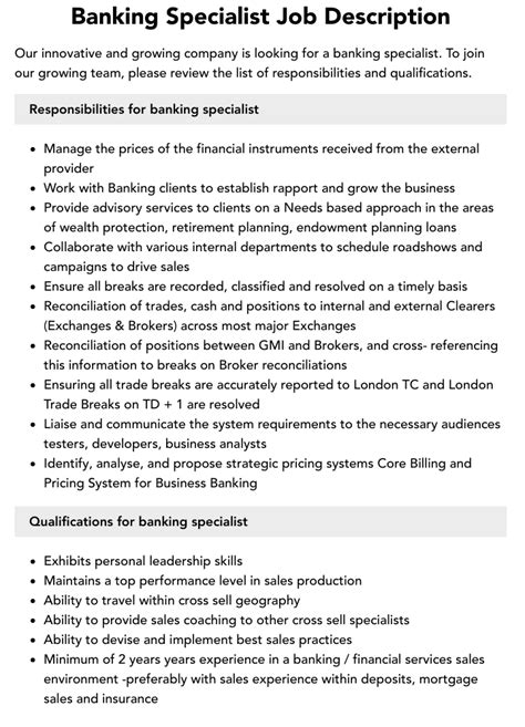 Banking Specialist Job Description Velvet Jobs