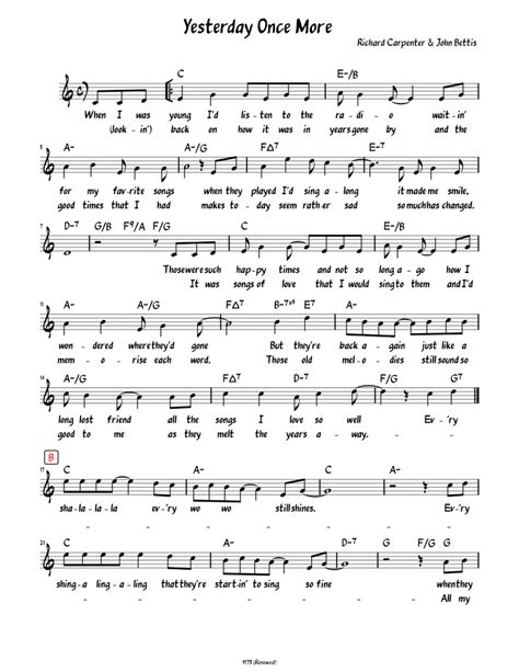 Yesterday Once More Lead Sheet With Lyrics Sheet Music For Piano