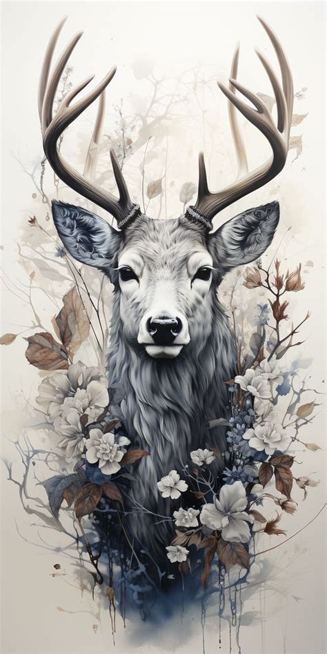 A Painting Of A Deer With Antlers And Flowers