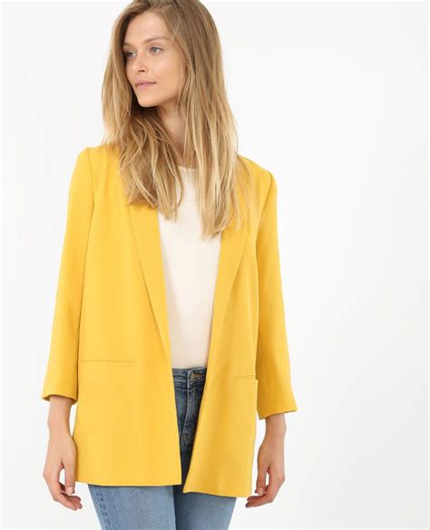 Veste blazer moutarde col châle avec poches. Blazer en crêpe | Veste moutarde, Veste jaune moutarde, Blazer